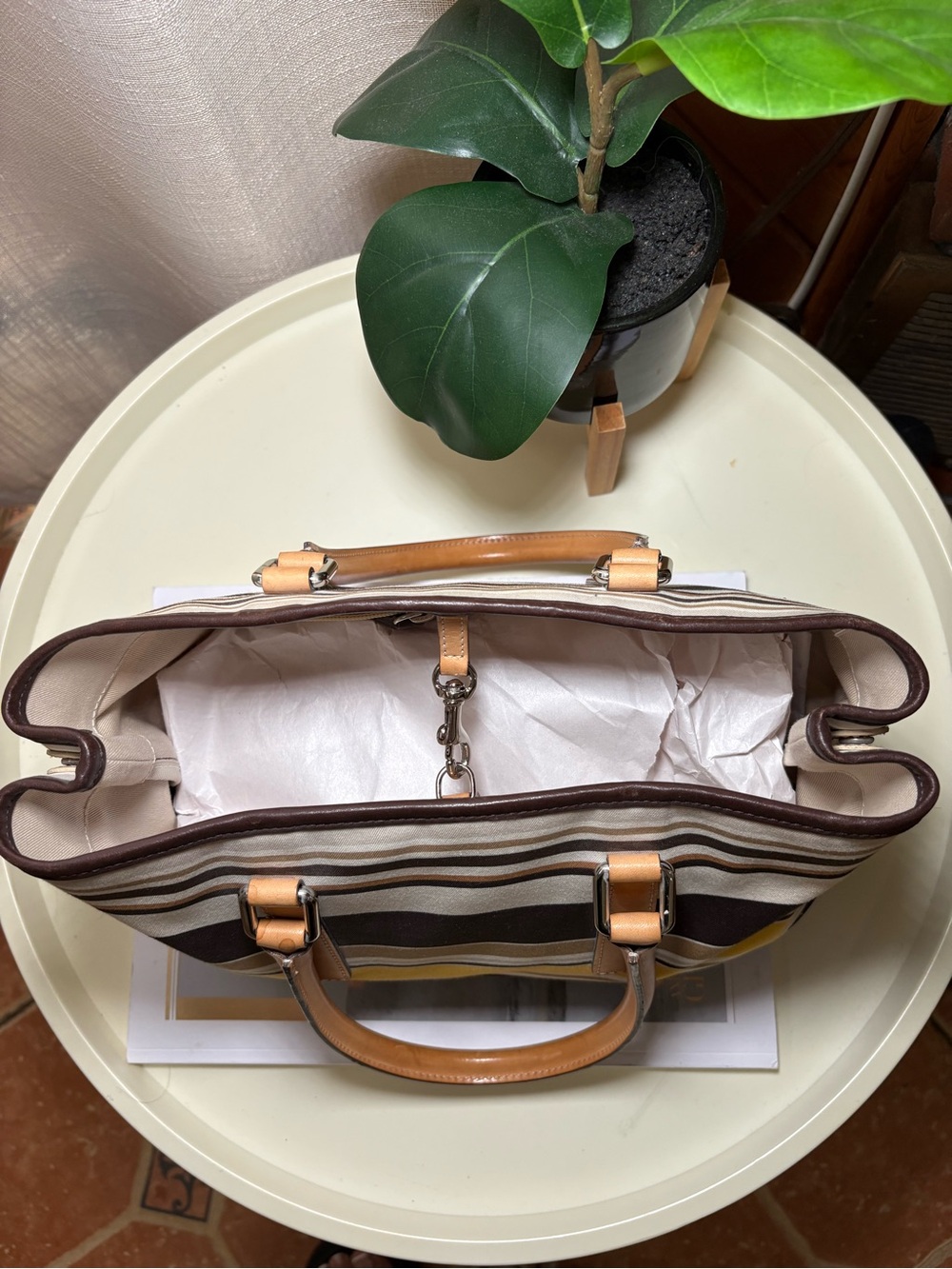 Vintage Coach Striped Brown Tan Beige Yellow Satchel Top Handle Bag Zip vintage - Picture 8 of 8